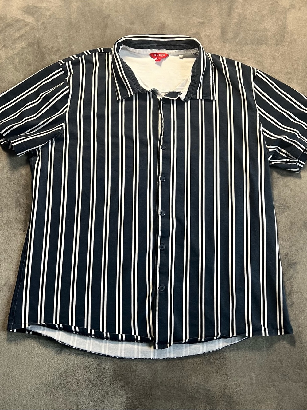 GUESS Navy and White Vertical Stripe Short Sleeve Button-Up